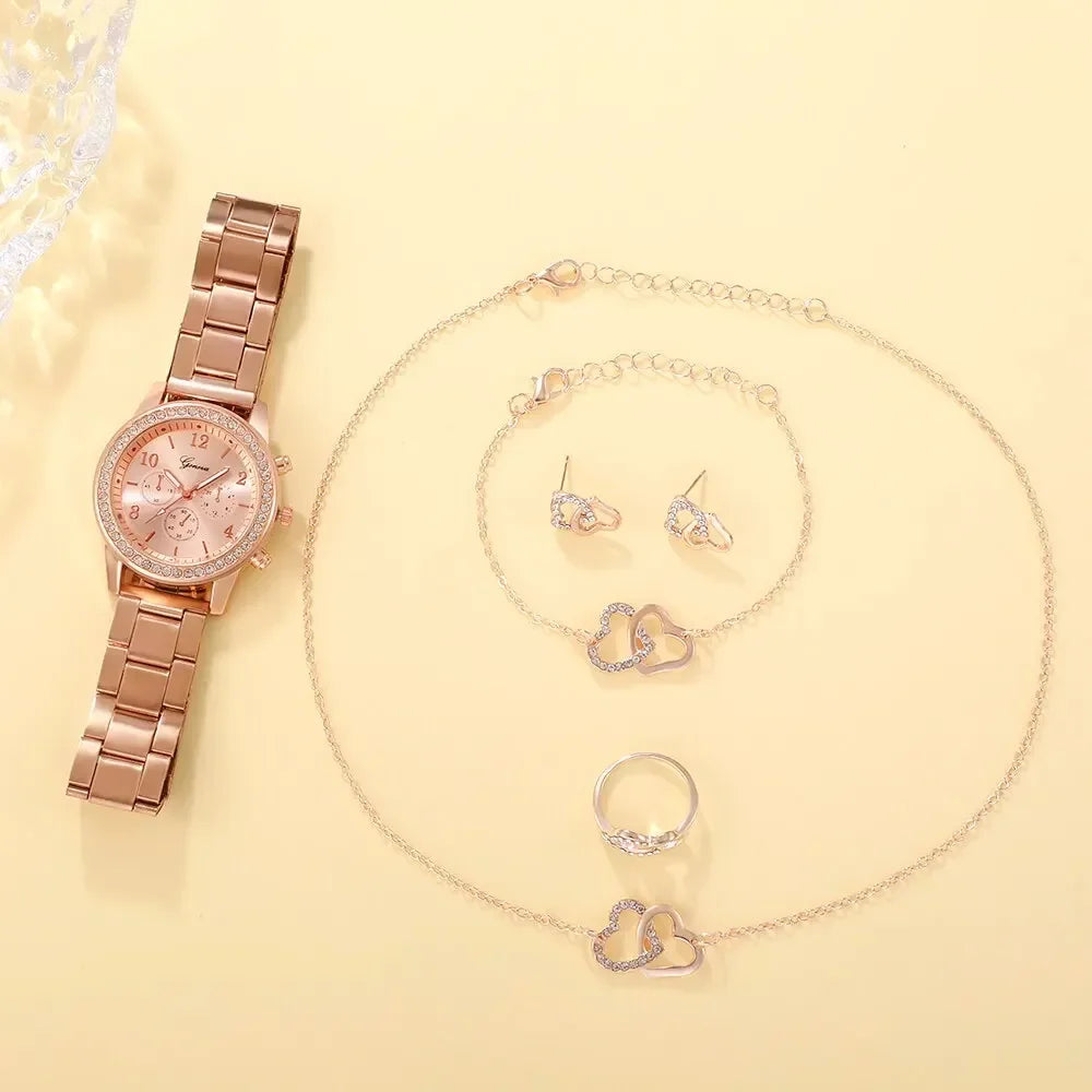 New 6PCS Set Rose Gold Luxury Watch Women Ring Necklace Earring Rhinestone Fashion Wristwatch Casual Ladies Bracelet Watches