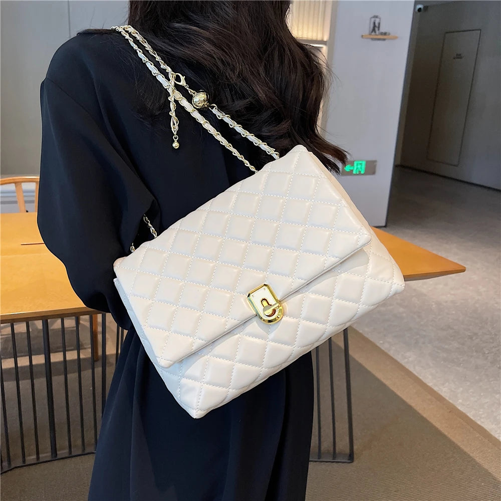 Burminsa Quilted Large Chain Shoulder Bags For Women 2024 Trend Designer Crossbody Bags PU Leather Ladies Handbags Black White